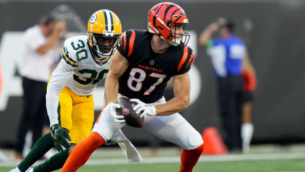 Tarvarius Moore closes in for a tackle against the Bengals in preseason.